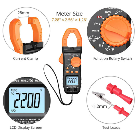 True RMS Clamp Meter 800A AC DC With 6000 Count Multimeter, Pro Grade Tool with LCD display, rotary switch, leads, and clamp.