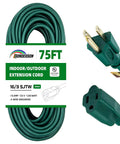 75 Foot Outdoor Extension Cord 16 Gauge 3 Wire SJTW Green Heavy Duty Cable With Grounded 3 Prong Plug For Weatherproof Power