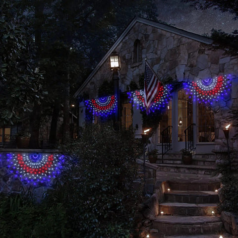 Patriotic Outdoor Net Lights All American 4x2 Ft Half Fan Flag Design With 450 Waterproof LED Red White Blue on house