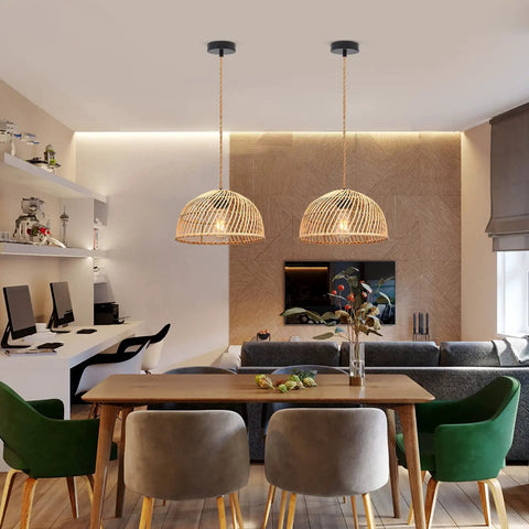 2 Pack Rattan Pendant Lights With Edison Bulbs Dope Boho Farmhouse Wicker Lampshades in modern dining room with hemp rope cord
