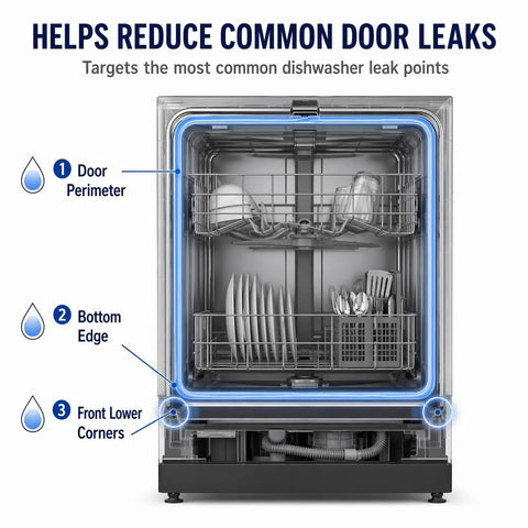 Complete Dishwasher Door Seal Kit With Bottom Gasket And Splash Shields Replacement Set To Stop Leaks graphic showing seal areas.