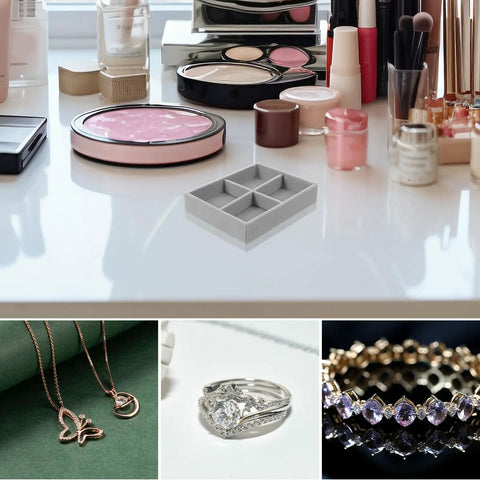 Prime Velvet Jewelry Organizer Tray With Four Grid Sections Stackable Display Holder For Watches Bracelets Rings displayed on vanity.
