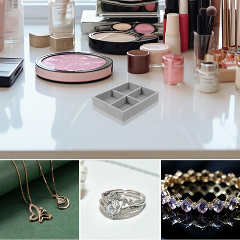Premium Solid Go-To Velvet Jewelry Tray, Four Secure Grid Dividers on a table with jewelry and cosmetics.