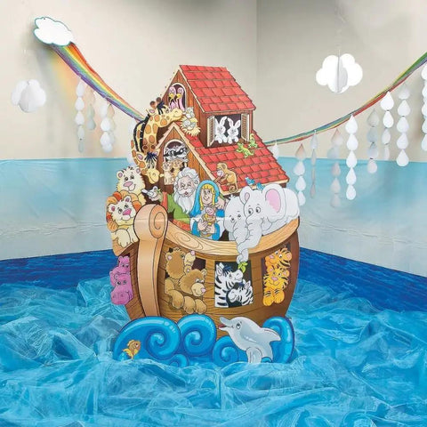 Rainbow Cloud And Raindrops Ceiling Hangers, 12 Ft Long By 32 In Wide, Colorful Paper Party Decor with ark and animals for kids' events.