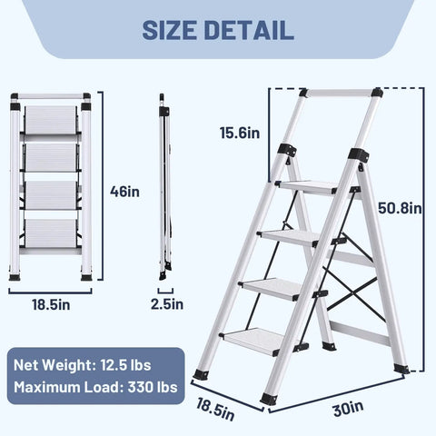 4 Step Aluminum Folding Ladder With Retractable Handgrip Lightweight Yet Sturdy For Reaching High Shelves 330 Pound Capacity Ideal For Home DIY Projects Garage Kitchen And Workshop, size detail