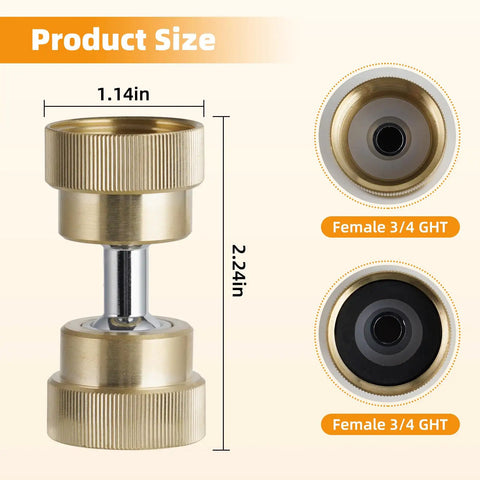 All Brass 360 Degree Swivel Garden Hose Adapter Dual Rotation Female To Female Connector With Extra Washers, Heavy Duty, Leak Proof, Weatherproof Hose Fitting For Outdoor Use, 1.14in x 2.24in brass size, 3/4 GHT