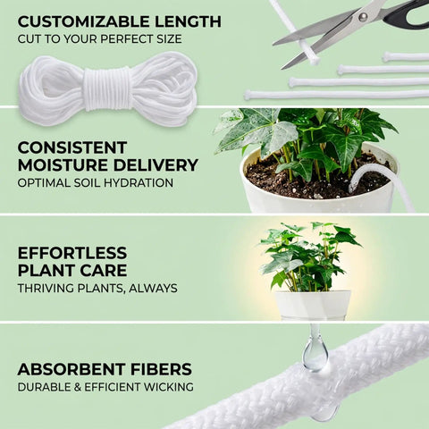 Diagram showing Self Watering Rope For Plants 50 Feet Long By Quarter Inch Thick Capillary Wicking Cord in use with plants and scissors.