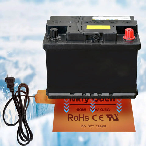 Automotive Silicone Battery Heater Pad With Smart Thermostatic Control And Uniform Heating Wires under a car battery, 60 watt, orange color.
