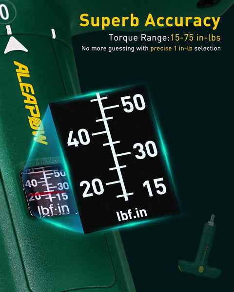 Quarter Inch Torque Wrench Set With Hidden 12-Piece S2 Steel Bits In T-Handle, 15 To 75 Inch Pounds, torque range details