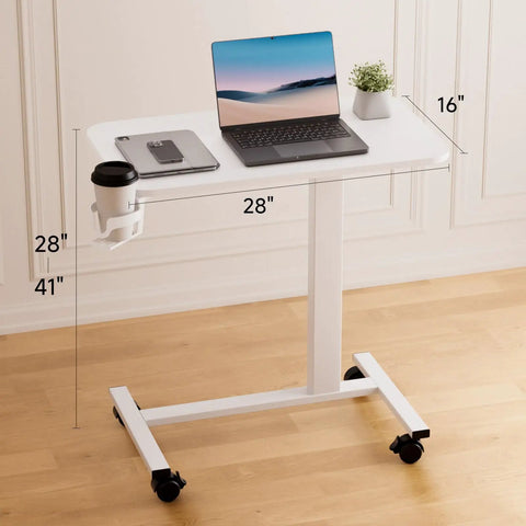 Adjustable Pneumatic Standing Desk On Wheels With Lockable Casters Mobile Laptop Desk Overbed Bedside Table For Home Office 28 Inch Wide By 16 Inch Deep White