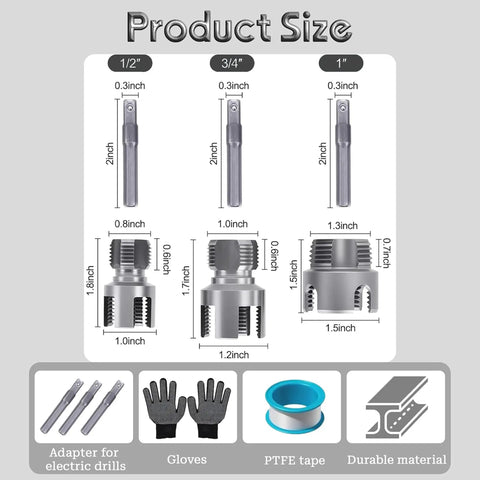 Heavy Duty 4 In 1 Pvc Pipe Threader For 1/2 3/4 And 1 Inch Plastic Tubing dimensions showing sizes and accessories for effective use.