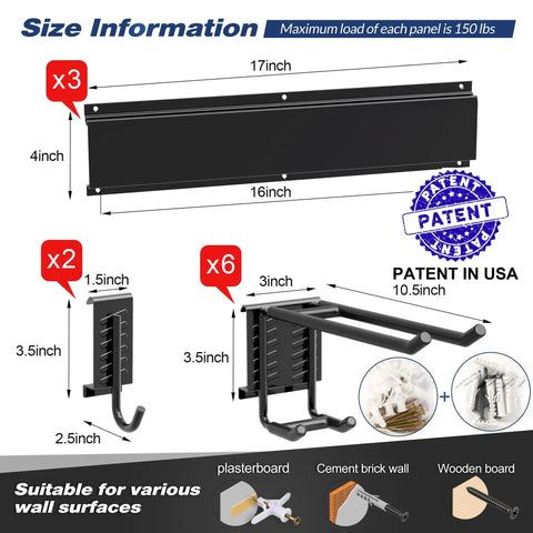 Heavy Duty Garage Storage Rack System Wall Mounted Tool Organizer With Eight Double Hooks And Three Rails for tools on 2x4 studs.