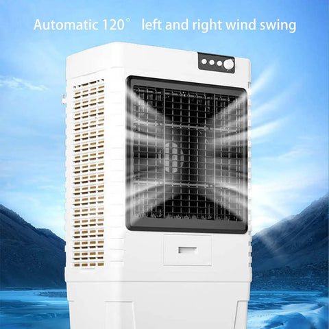 Portable Evaporative Swamp Cooler With Three Fan Speeds And 80 Liter Water Tank To Kick The Heat Fast Without Drilling Holes, showing wind swing feature.
