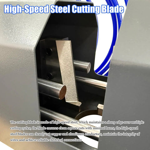 Heavy Duty Pneumatic Wire Cable Cutting Machine With 50Mm Stroke And 110V Ac Power For Clean剪切 Of Large Diameter Cables and Thick Wire Bundles showing high-speed steel cutting blade.