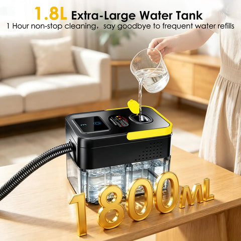 Huitine Portable Steam Cleaner With 1.9 Qt Tank showing 1.8L water tank being filled for deep cleaning tasks.