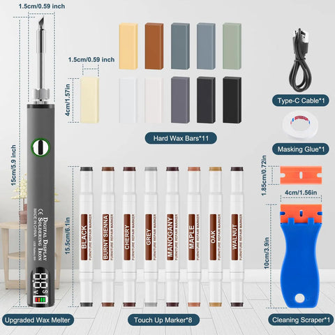 Knock Out Those Stubborn Scratches On Laminate Or Vinyl Wood Floors With This Hassle Free Repair Kit including wax bars, markers, and tools.
