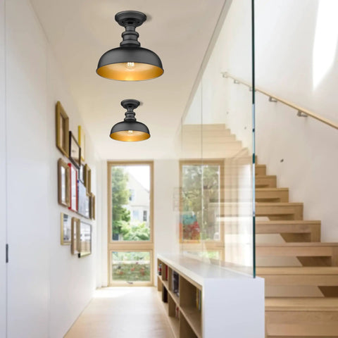 Hallway with Semi Flush Mount Ceiling Light in Black with Copper Accents, Dope Industrial Farmhouse Hallway Fixture for Entryway