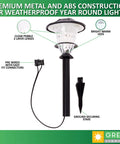 Low Voltage Landscape Lights Kit 12 Pack With LED showing construction with connectors, lenses, and securing stake for pathways and garden.