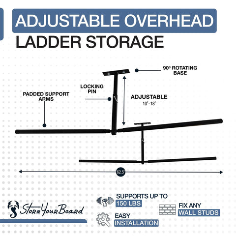 Overhead Ladder Rack For Garage Adjustable Ceiling Mounted Shelf To Store Step And Extension Ladders Off The Floor Heavy Duty Steel Construction Space Saving Garage Organizer Holds Up To 150 Lbs
