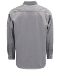 Men Lightweight Flame Resistant Cotton Twill Work Shirt Water Repellent Oil Stain Proof Hardcore Industrial Workwear Built Tough For Welding Rig Job Sites, gray back view.