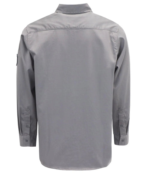 Men Lightweight Flame Resistant Cotton Twill Work Shirt Water Repellent Oil Stain Proof Hardcore Industrial Workwear Built Tough For Welding Rig Job Sites, gray back view.