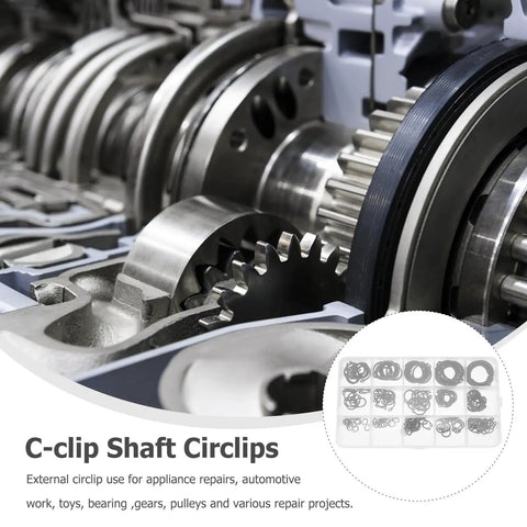 Close-up of machinery gears and text highlighting C-clip use in 175 Piece Black C Clip Snap Ring Kit For Shafts And Pulleys External Circlips Retaining Rings Steel C Type Locking Clips Pro Grade Gearhead Ready Industrial Repair Kit For Bearings Gears And More For Automotive And Machinery Projects Including Bearings.