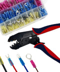 550 Piece Waterproof Heat Shrink Wire Connectors Kit For Automotive Electrical Projects Includes Butt Fork Ring And Spade Crimp Terminals In 22 To 10 AWG Easy Color Coded Tubes For Quick No Fuss Crimping And Reliable Seals, shown with crimping tool and connectors.