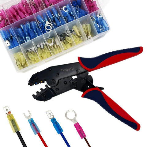 550 Piece Waterproof Heat Shrink Wire Connectors Kit For Automotive Electrical Projects Includes Butt Fork Ring And Spade Crimp Terminals In 22 To 10 AWG Easy Color Coded Tubes For Quick No Fuss Crimping And Reliable Seals, shown with crimping tool and connectors.