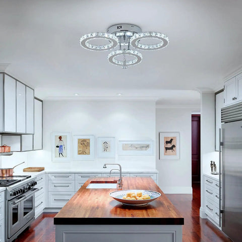 Crystal Chandelier 5 Light LED Flush Mount Ceiling Fixture In Cool White for modern kitchen with K9 crystals and steel design.