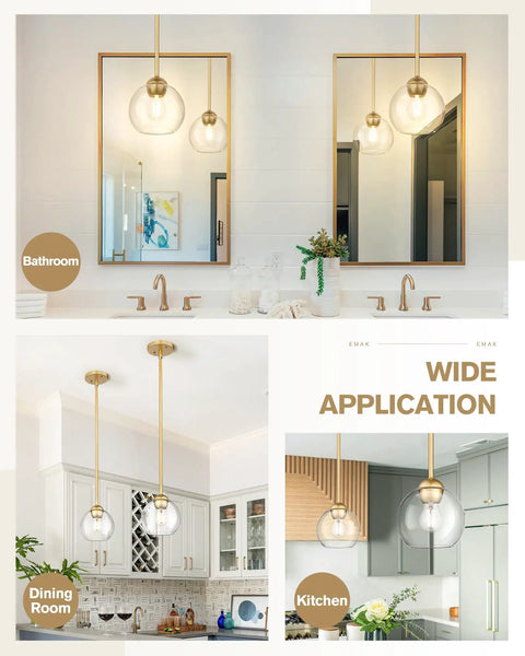 Two Pack Modern Gold Pendant Lights With Clear Glass Globes For Kitchen Island Dining Room Bedroom Hallway And Bathroom Trendy Lux Metal Finish With Wow Factor in a bathroom and kitchen view.
