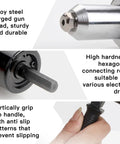 Pop Rivet Gun Adapter Kit With Four Head Sizes 2.4mm 3.2mm 4.0mm And 4.8mm Drill Attachment Aluminum Alloy Riveting Nut Tool Universal Fit No Brainer Quick Setup For Smooth Riveting On Metal Plastic And More, close-up handle and hex shaft