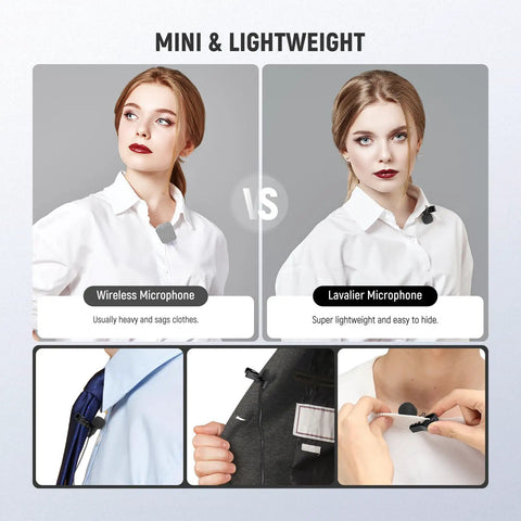 Comparison of wireless vs. mini lavalier clip-on microphones showing ease of use and lightweight design.