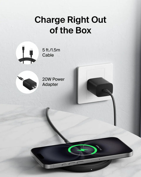 Fast Wireless Charging Pad 15W Qi Charger With Power Supply And Cable Included For Iphone 17 16 15 14 Series charging phone on desk
