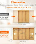 Expandable Kitchen Utensil Organizer Drawer Tray dimensions shown unexpanded and expanded with wood finish.
