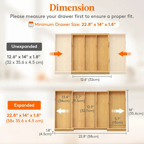Expandable Kitchen Utensil Organizer Drawer Tray dimensions shown unexpanded and expanded with wood finish.