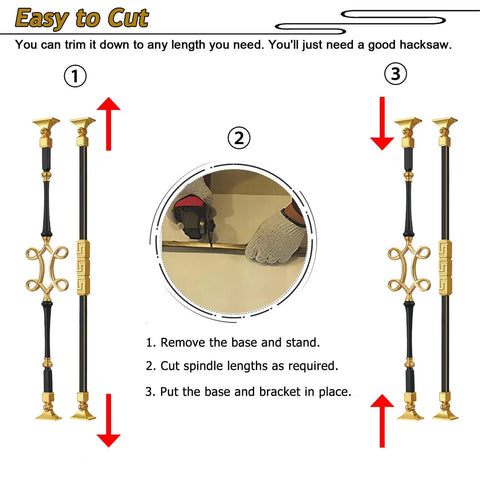 Hella Durable Adjustable Aluminum Balusters And Stair Spindles Set Of 8, installation steps showing cutting and assembling process.