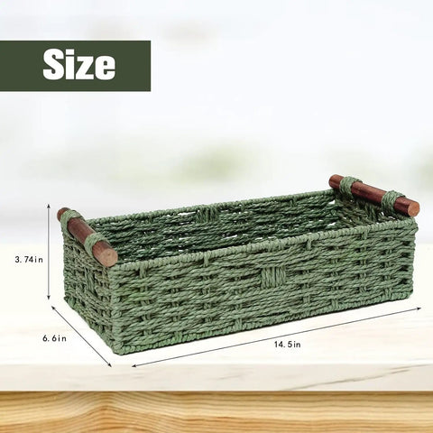 Handmade Paper Rope Storage Basket With Handle Green Wicker Bin For Countertop Or Toilet Tank Top Paper Storage Space Saver Organizing Small Spaces And A Super Cute Home Decor Gift Idea, size 14.5 x 6.6 x 3.74 inches