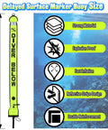 High Visibility Surface Marker Buoy For Diving And Freediving, Inflatable SMB With Reflective Strip And Dive Flag, 6 Foot Long Scuba Signal Tube, dimensions and features