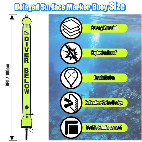 High Visibility Surface Marker Buoy For Diving And Freediving, Inflatable SMB With Reflective Strip And Dive Flag, 6 Foot Long Scuba Signal Tube, dimensions and features