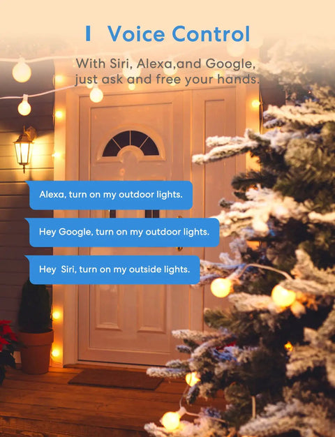 Outdoor Smart Plug With Dual Grounded Outlets controlling lights with voice commands for Alexa, Google, and Siri near a decorated porch.
