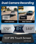 4K Rear View Mirror Camera With CarPlay And Android Auto showing dual 4K and 1080P cameras, with 11.8-inch IPS touch screen display.
