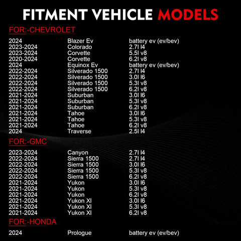 Fitment vehicle models list for Chevy, GMC, and Honda from 2021 to 2024, detailing compatible engine sizes.