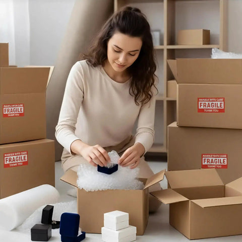 Person using 2 Pack Bubble Cushioning Wrap 12 Inch By 72 Foot Perforated Every 12 Inches For Packing, Moving And Shipping in boxes.