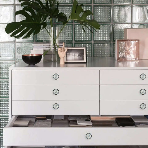 Dresser with Six Pack Ornate Baroque Tile Drawer Knobs with Crystal Glass and Silver Base Boho Chic pulls in vibrant mosaic finish.