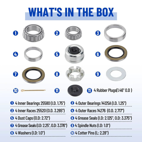 Racewill boat trailer bearing kit, 11-piece set with inner/outer bearings, races, seals, dust caps, cotter pins, washers.