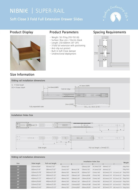 Two Pairs 18 Inch Soft Close Drawer Slides Beefy Heavy Duty Full Extension Ball Bearing Self Closing Side Mount For Kitchen Cabinets RVs And Tool Boxes 150 LB Capacity diagram with size and installation details
