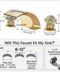 Diagram of LED Waterfall Widespread Bathroom Faucet Polished Gold Finish with 2 Crystal Knobs 3 Holes Lavatory Basin Mixer Tap