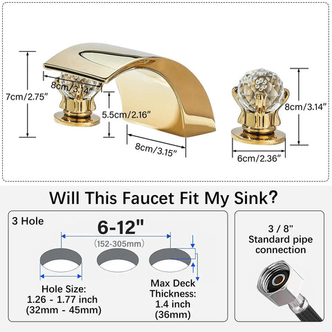 Diagram of LED Waterfall Widespread Bathroom Faucet Polished Gold Finish with 2 Crystal Knobs 3 Holes Lavatory Basin Mixer Tap
