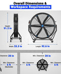 Dimensions and workspace requirements of Built Tough 79 Inch Portable Industrial Fan With Pro Grade PMSM Motor.