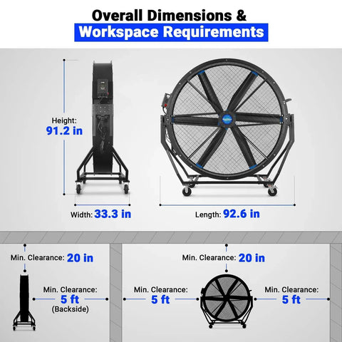Dimensions and workspace requirements of Built Tough 79 Inch Portable Industrial Fan With Pro Grade PMSM Motor.